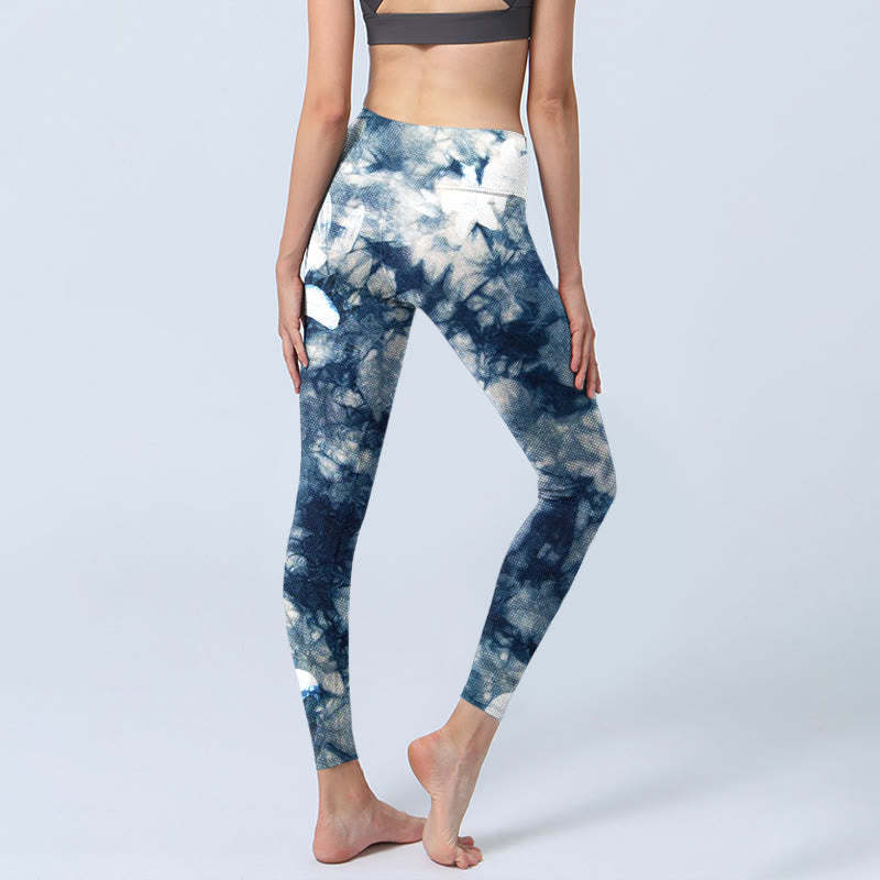 Blue Lily Flowers Watercolor Texture Print Gym Leggings Women's Yoga Pants
