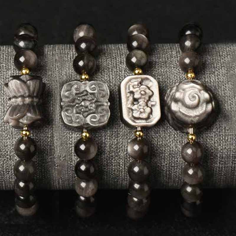 Silver Sheen Obsidian Lotus Flower Nine Tailed Fox Laughing mystic zen Protection Bracelet