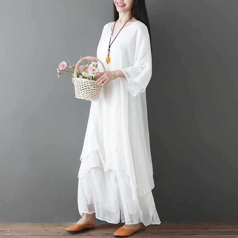 V-Neck Midi Tunic Dress Wide Leg Pants Meditation Zen Practice Dance Clothing