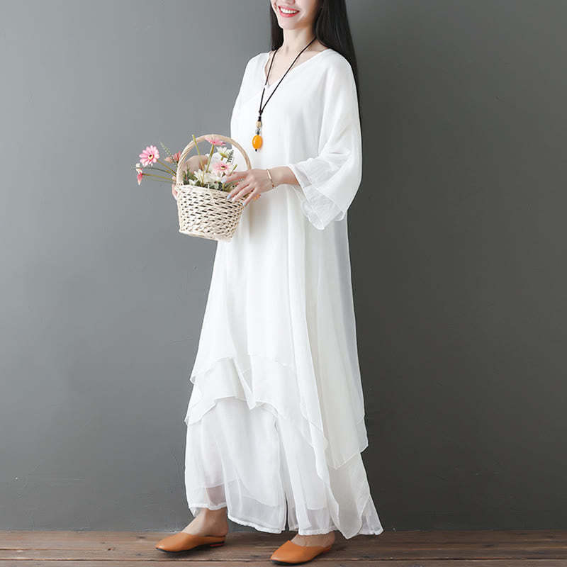 V-Neck Midi Tunic Dress Wide Leg Pants Meditation Zen Practice Dance Clothing