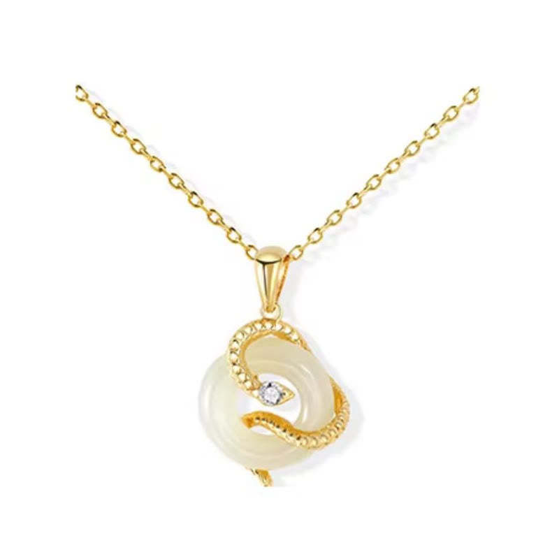 Natural Hetian Jade 925 Sterling Silver Year Of The Snake Peace Buckle Luck Necklace Pendant
