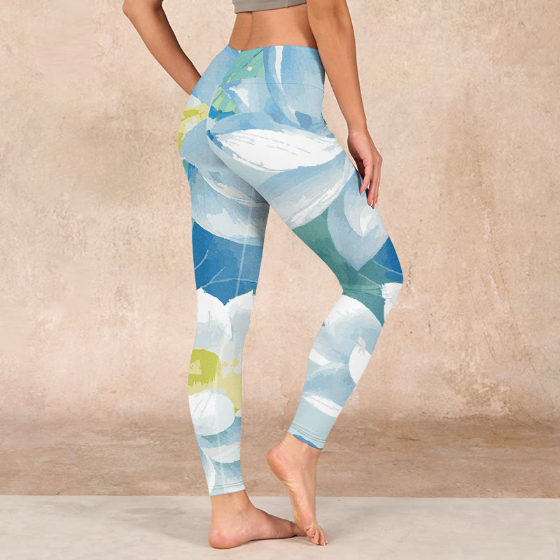 Blue White Lotus Print Gym Leggings Women's Yoga Pants