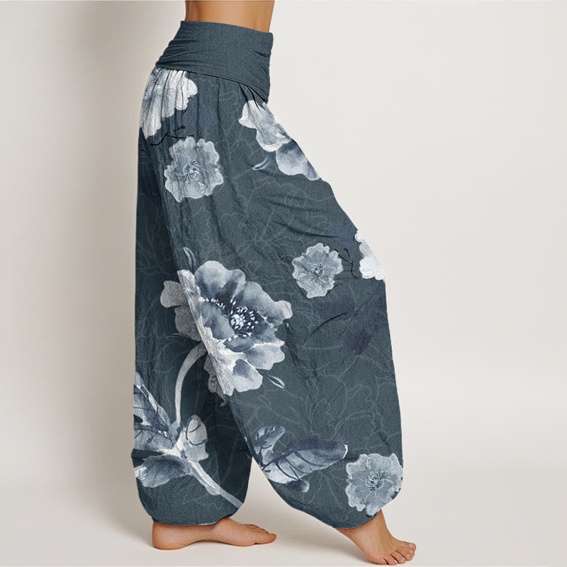 Folwers With Leaves Pattern Women's Elastic Waist Harem Pants