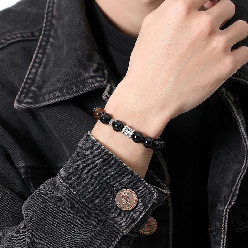 999 Sterling Silver Black Obsidian Tiger Eye Om Mani Padme Hum Fulfillment Bracelet