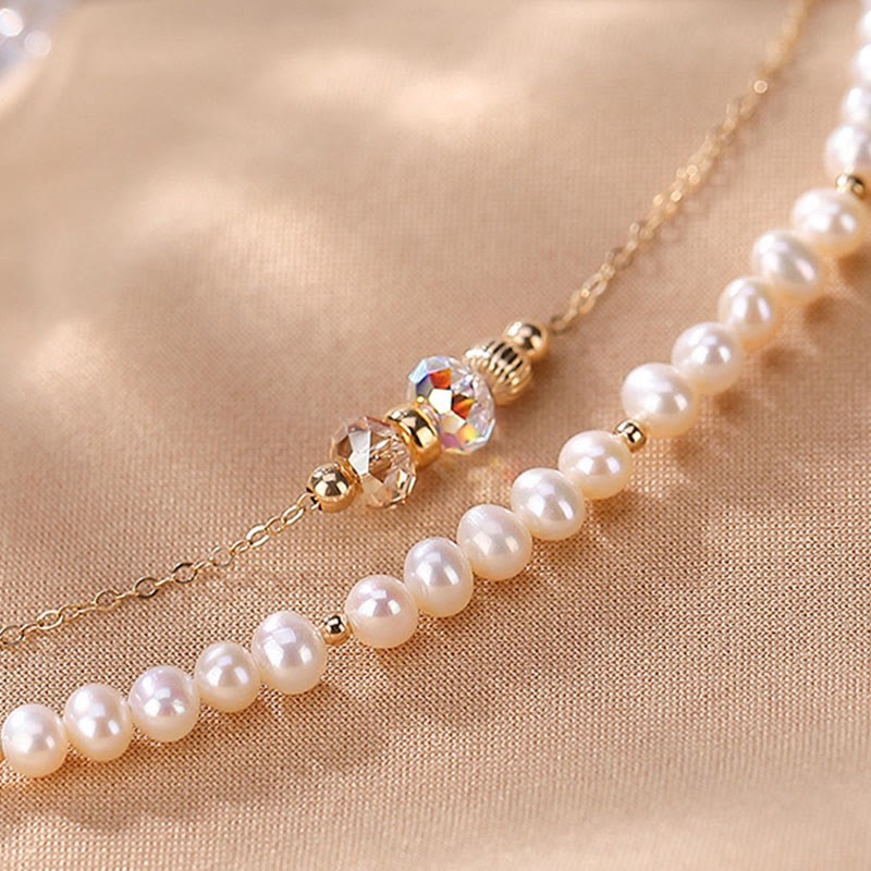 925 Sterling Silver 14K Gold Plated Natural Pearl Crystal Healing Double Layer Bracelet