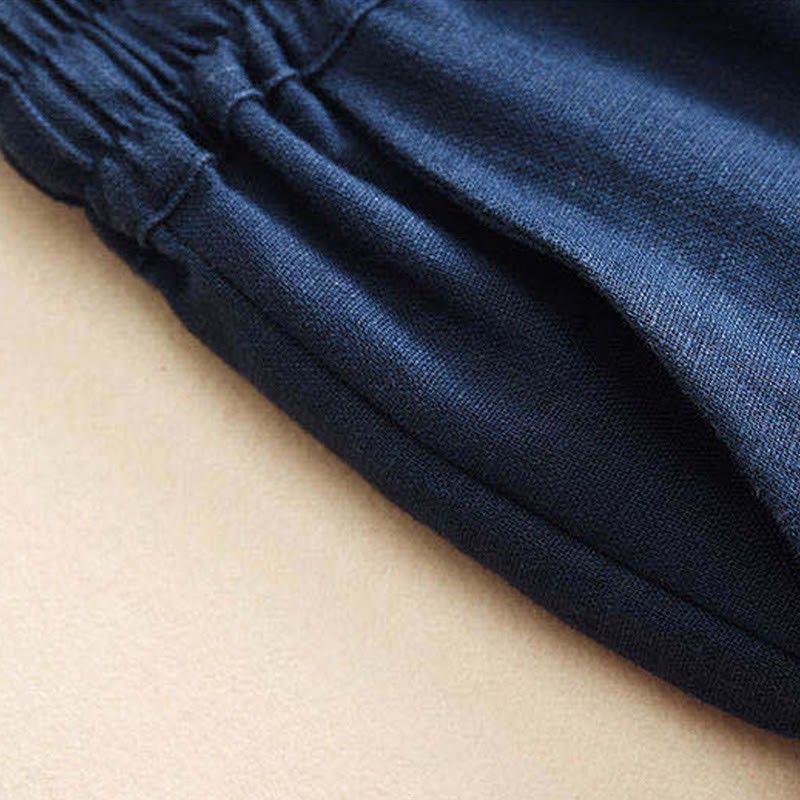 Casual Cotton Linen High Waist Lace-up Wide Leg Pants With Pockets