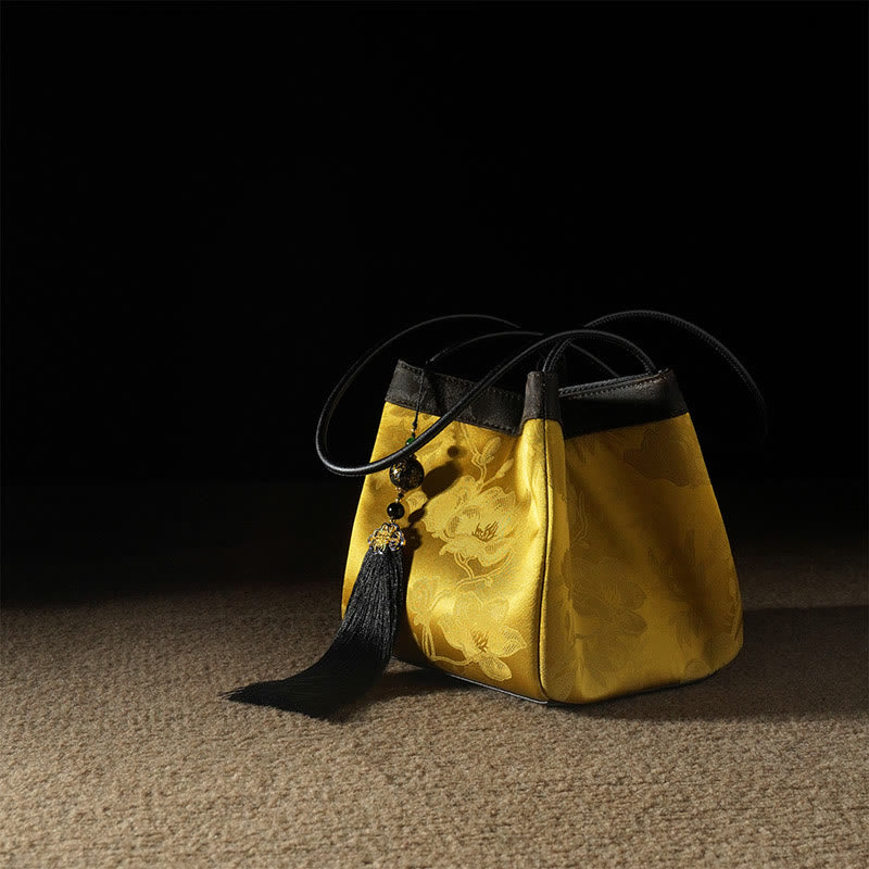 Retro Flower Butterfly Bird Embroidery Bead Tassel Mulberry Silk Jacquard Xiangyunsha Silk Shoulder Bag Hangbags