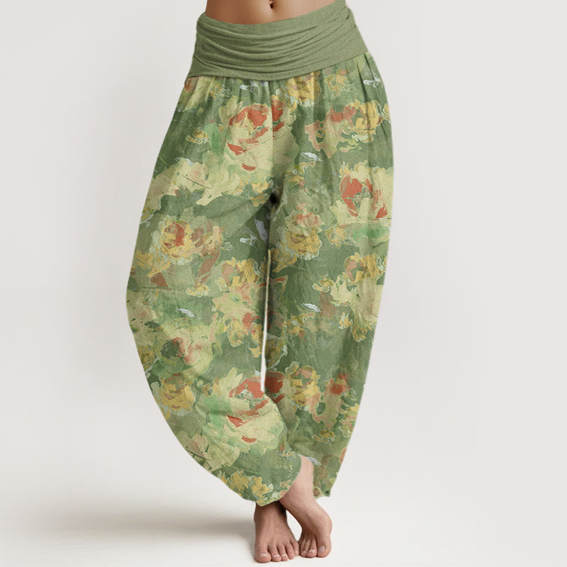 Rose Flowers Pattern Women's Elastic Waist Harem Pants