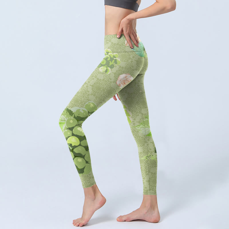 Green Grapes Pink Roses Gym Leggings Women's Yoga Pants