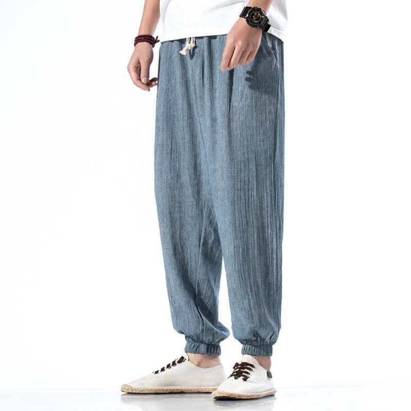 Casual Solid Color Drawstring Linen Men's Pants With Pockets
