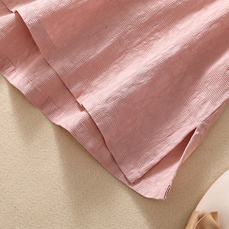 Plum Blossom Embroidery Frog-Button Short Sleeve Cotton Linen Shirt