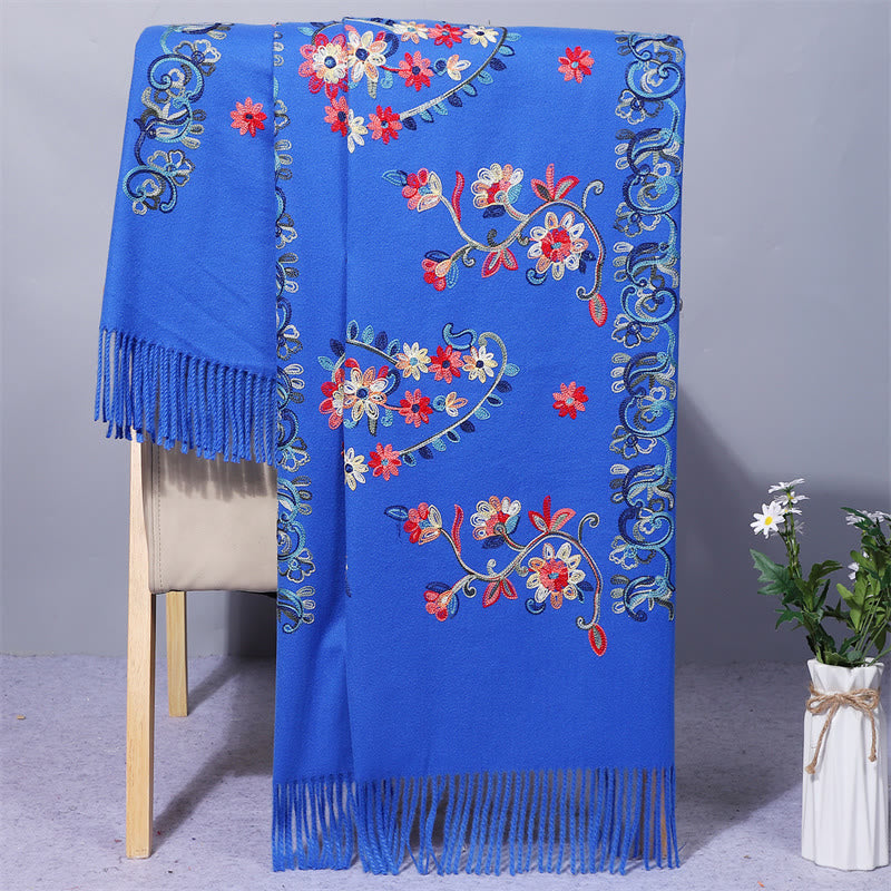 Polyester Shawl Colorful Flower Ethnic Style Embroidery Tassel Winter Cozy Travel Scarf Wrap