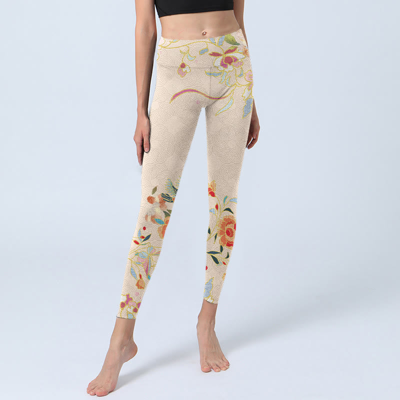 Apricot Butterfly Peony Flowers Leaves Print Gym Leggings Women's Yoga Pants