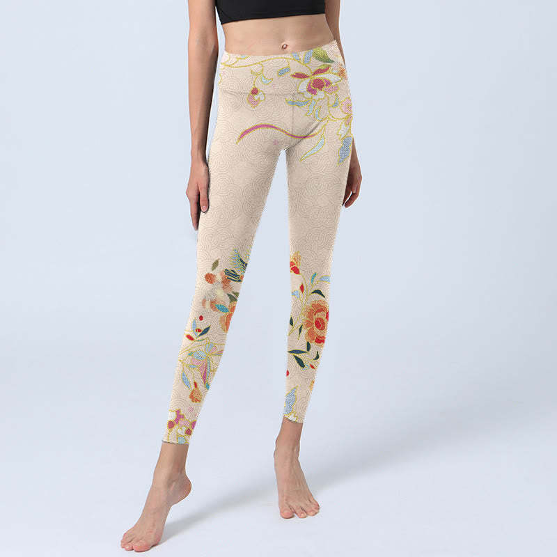 Apricot Butterfly Peony Flowers Leaves Print Gym Leggings Women's Yoga Pants