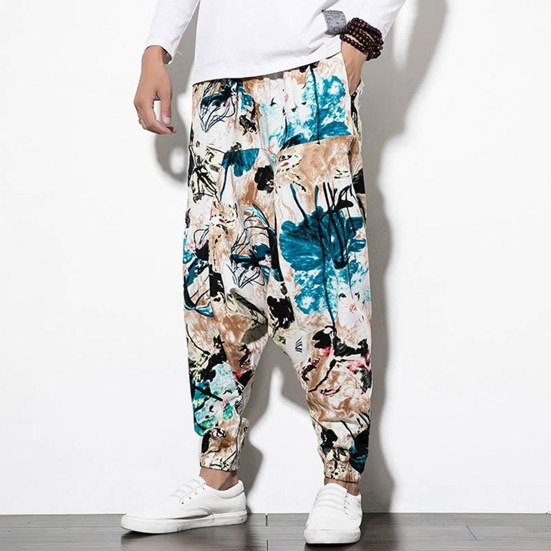 Flowers Leaves Brown Blue Painting Print Cotton Men's Long Cropped Harem Pants With Pockets