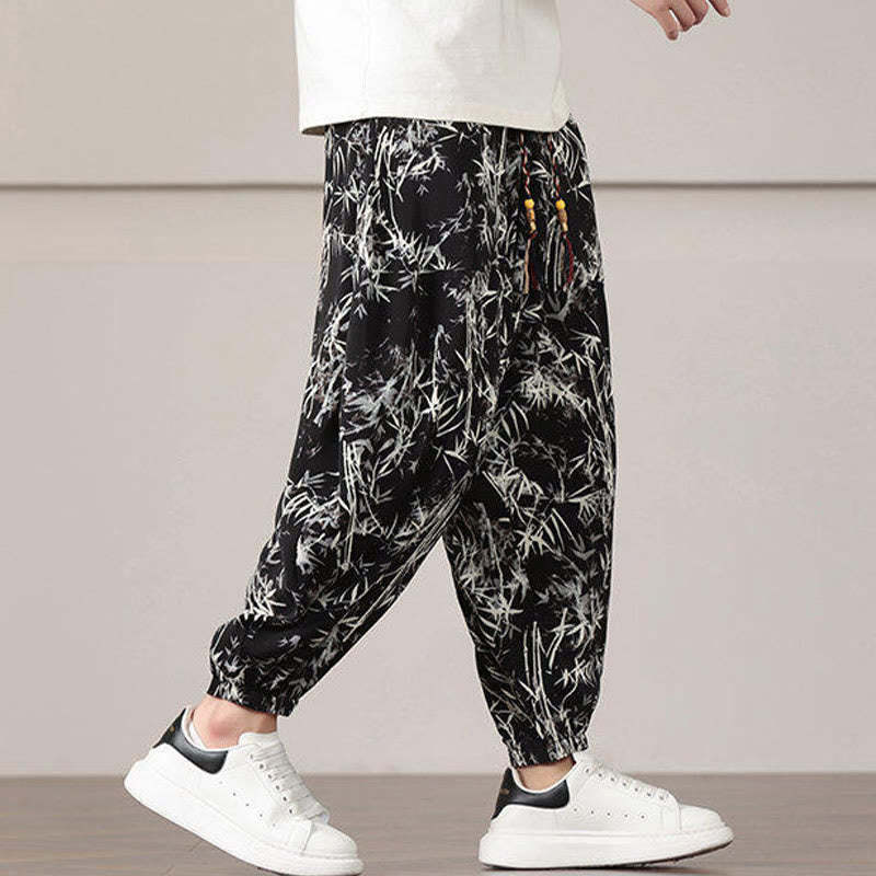 Bamboo Leaf Pattern Drawstring Men's Harem Pants With Pockets