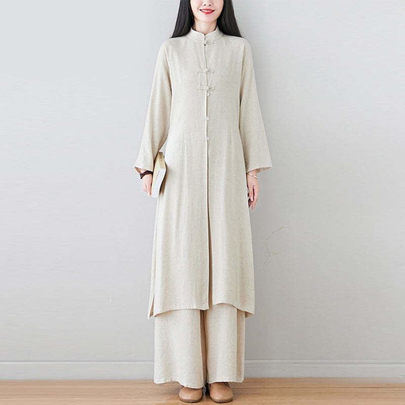 2Pcs Chinese Frog Button Design Zen Tai Chi Meditation Clothing Cotton Linen Top Pants Women's Set