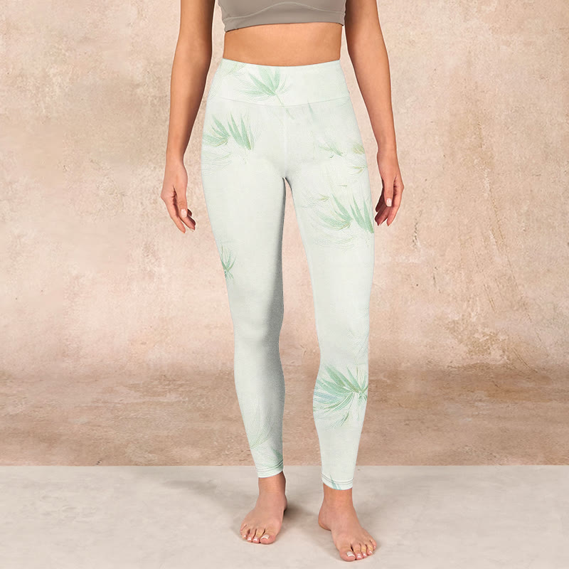 Green Bamboo Leaves Print Sports Leggings Women's Yoga Pants