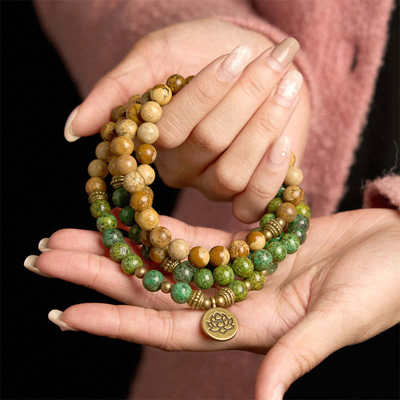 108 Mala Beads Natural Stone Picture Jasper Turquoise Lotus Positive Bracelet
