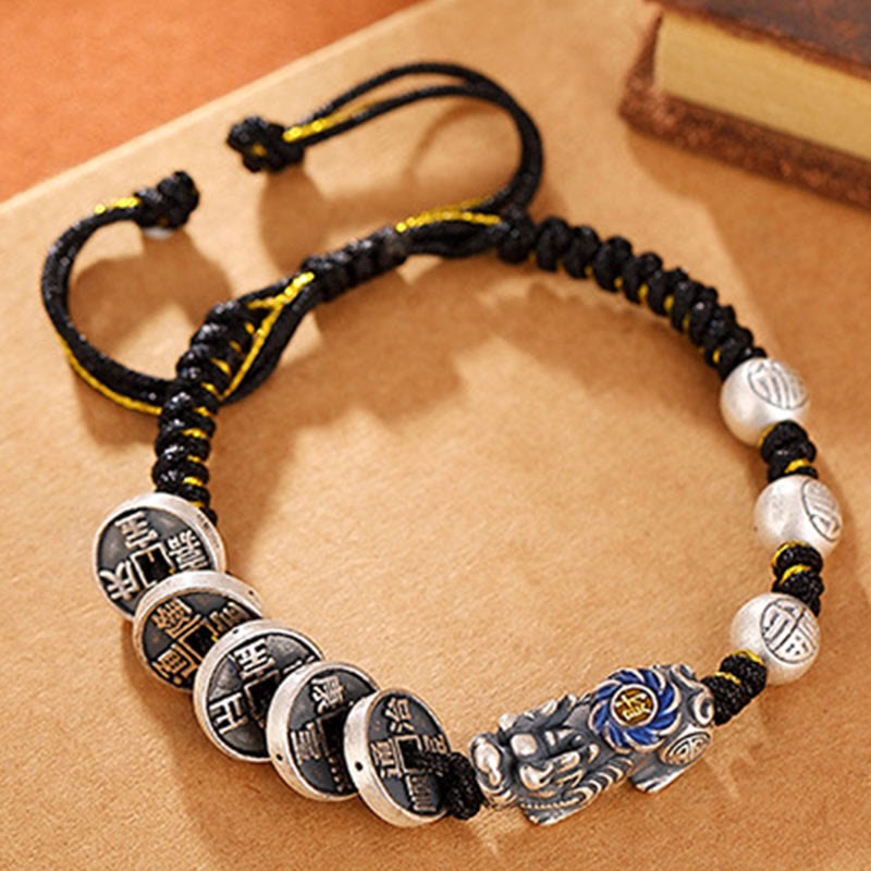 999 Sterling Silver FengShui PiXiu Copper Coin Fu Character Wealth Braided Bracelet