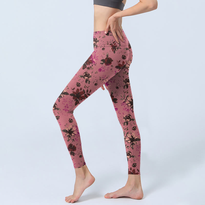 Red Roses Pink Leaves Print Sports Fitness Leggings Women's Yoga Pants