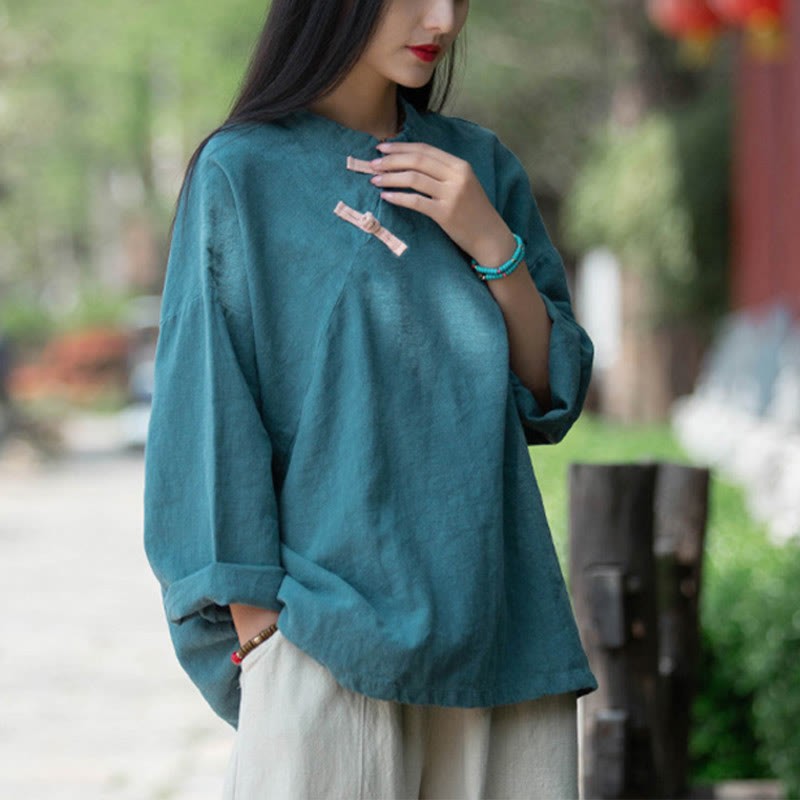 Ramie Linen Loose Blouse Women Long Sleeve Shirt Chinese Hanfu Top