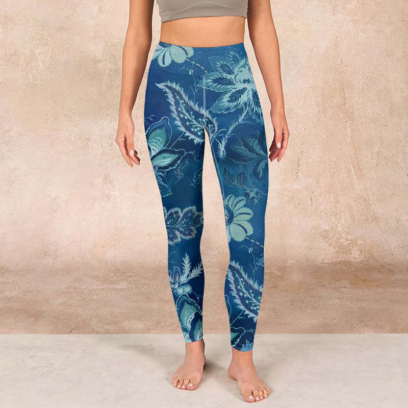 Blue Flowers Print Sports Fitness Leggings Women's Yoga Pants