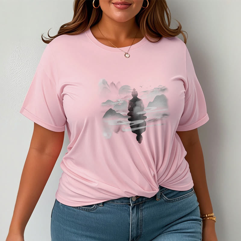 Meditating mystic zen Sitting In Mountains Pattern Cotton Tee T-shirt