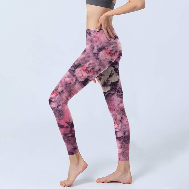 Purple Peony Flowers Print Gym Leggings Women's Yoga Pants