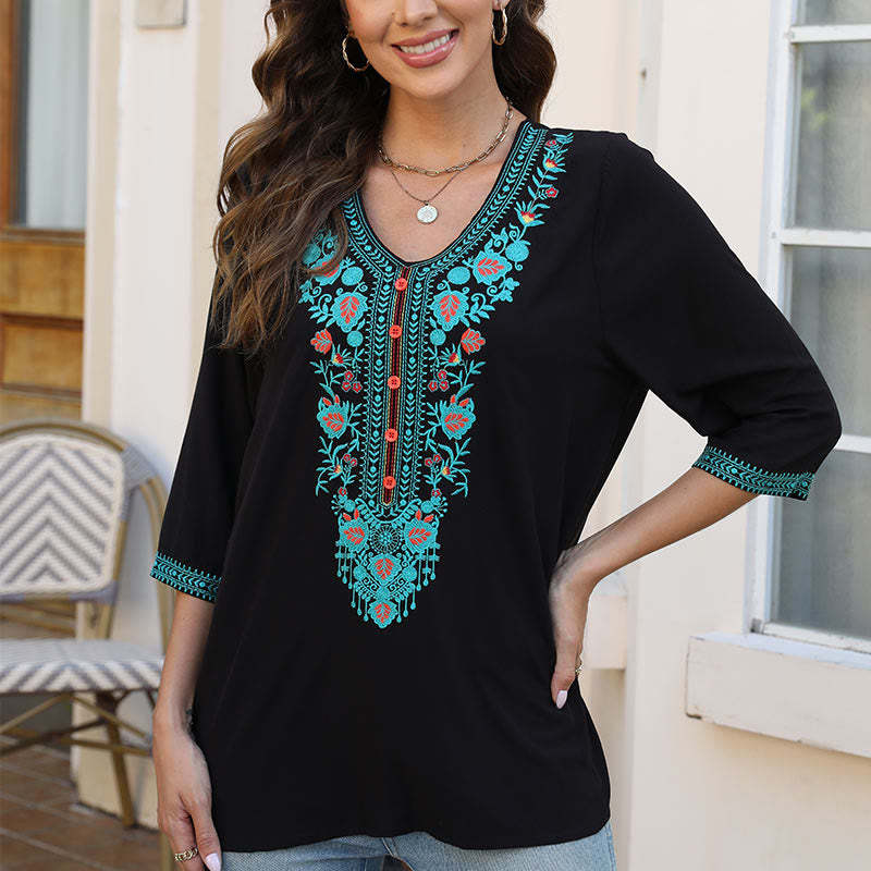 Summer Casual Embroidery Flower Leaf Half Sleeve V-neck Cotton Women's T-Shirt