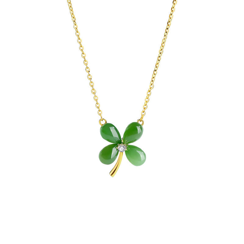 Jade 925 Sterling Silver Four Leaf Clover Luck Necklace Pendant