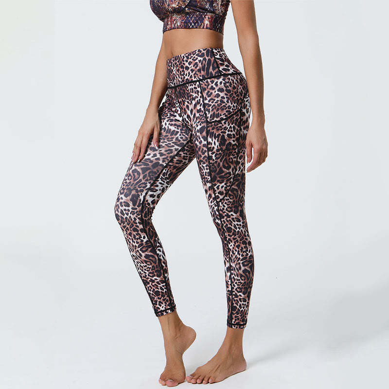 Rose Lines Tiger Leopard Print Sports Fitness High Waist Leggings Women's Yoga Pants With Pockets