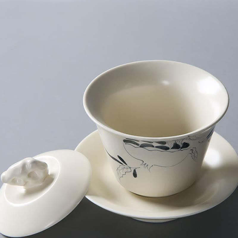 Hand Painted Pomegranate Hibiscus Pine Lotus Ceramic Gaiwan Sancai Teacup Kung Fu Tea Cup And Saucer With Lid