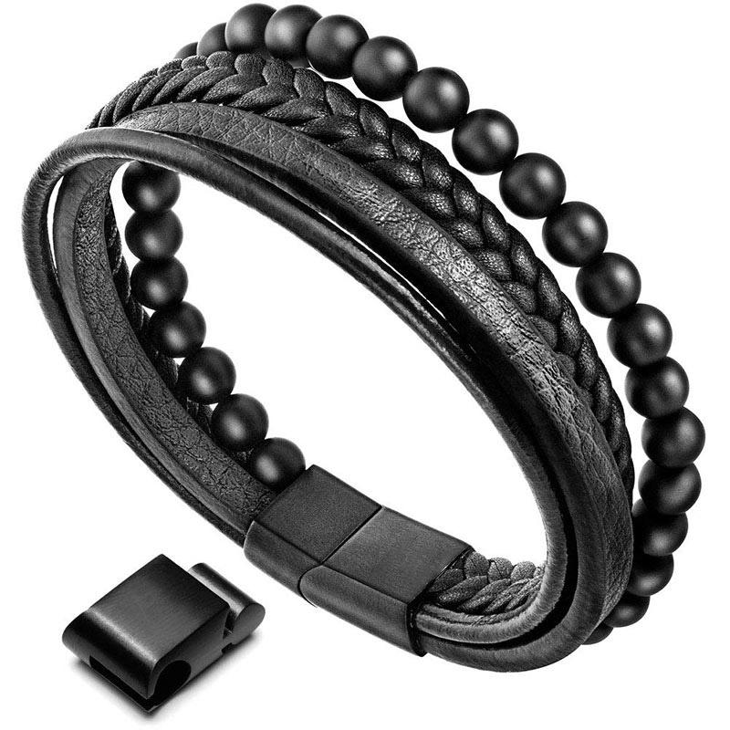 Natural Lava Rock Black Onyx Bead Leather Bracelet