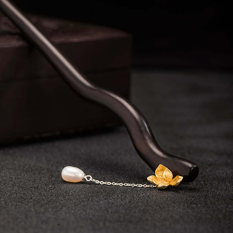 925 Sterling Silver Classical Chinese Style Ebony Lotus Flower Pearl Tassel Blessing Hairpin