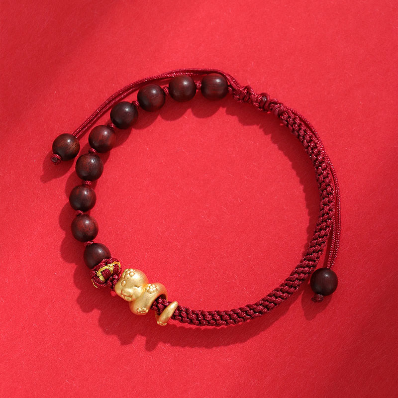 Small Leaf Red Sandalwood Ebony Wood Beads 999 Year Of The Snake Cotton Rope Protection Braided Bracelet