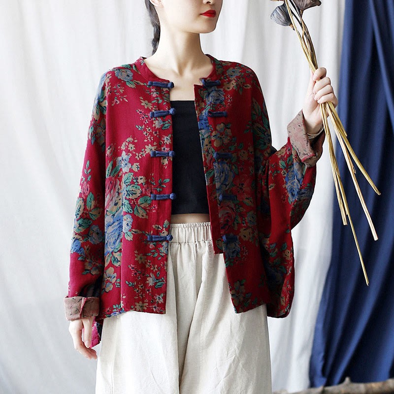 Red Flowers Green Leaves Print Frog-button Design Long Sleeve Cotton Linen Jacket Shirt