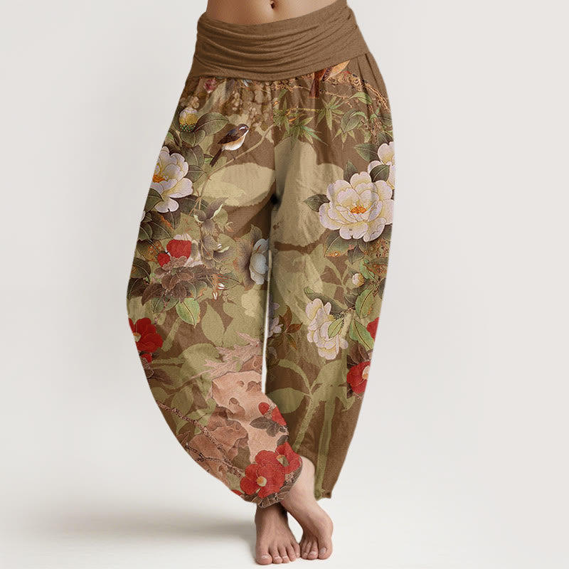 Casual Peony Flowers Leaves Magpie Women's Elastic Waist Harem Pants