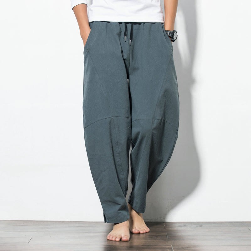Casual Men's Solid Color Linen Drawstring Pants With Pockets