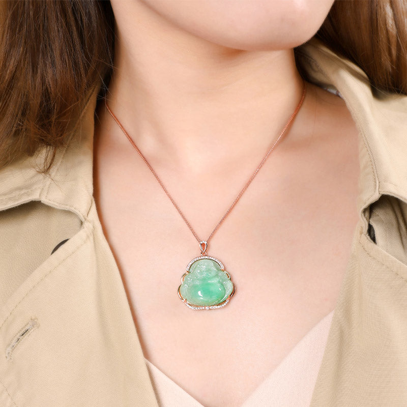 925 Sterling Silver Laughing mystic zen Natural Jade Prosperity Necklace Chain Pendant