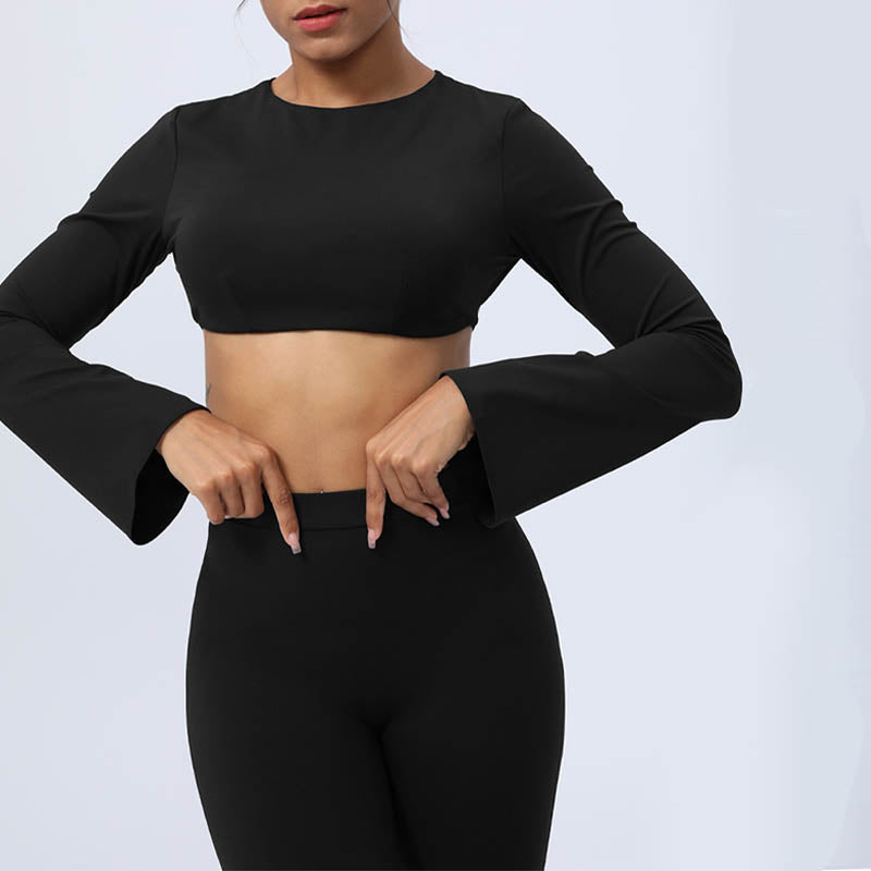 Long Sleeve Backless Strap Top Bra Flare Pants Fitness Yoga Outfit