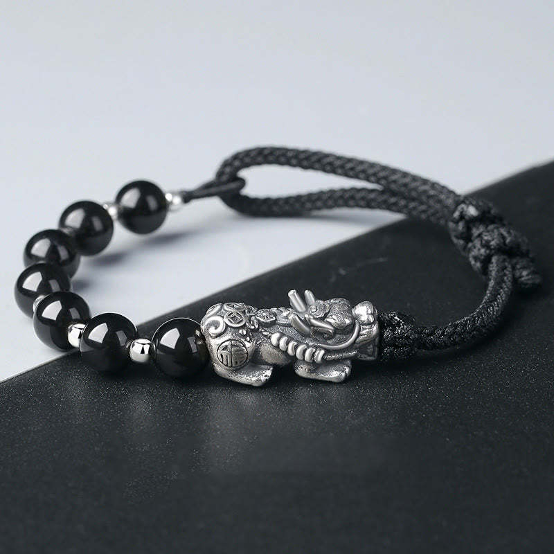 999 Sterling Silver FengShui PiXiu Natural Black Obsidian 925 Sterling Silver Bead Strength Bracelet