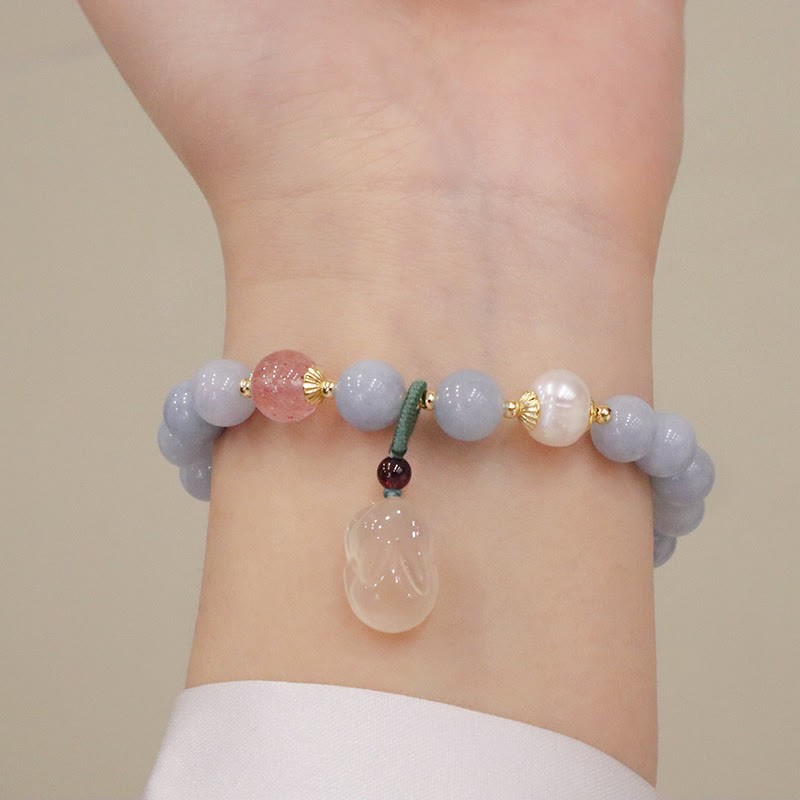 Natural Aquamarine Chalcedony Serenity Rabbit Gourd Cat Charm Bracelet