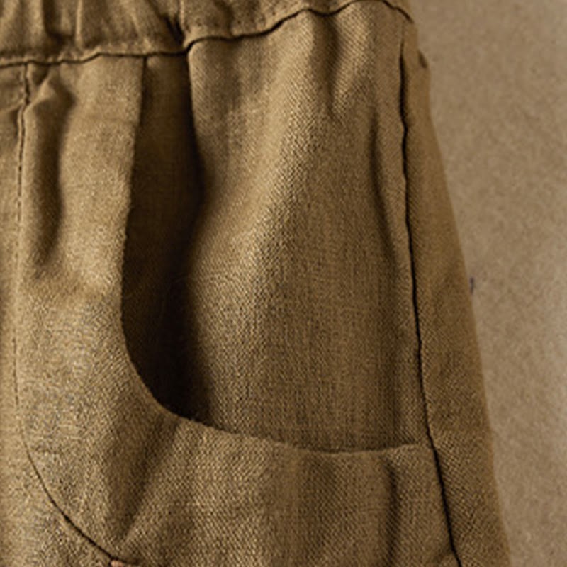 Wild Simple Design Embroidery Drawstring Cotton Linen Women's Shorts With Pockets