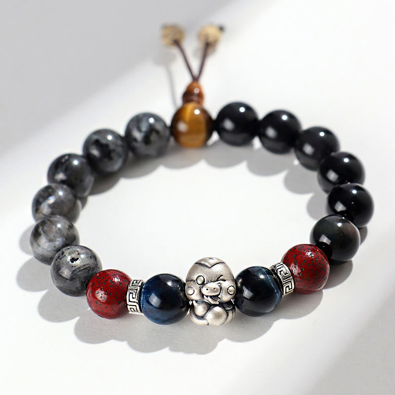 Black Glitter Stone Black Onyx 999 Sterling Silver Fu Character Copper Coin Year Of Snake Protection Bracelet
