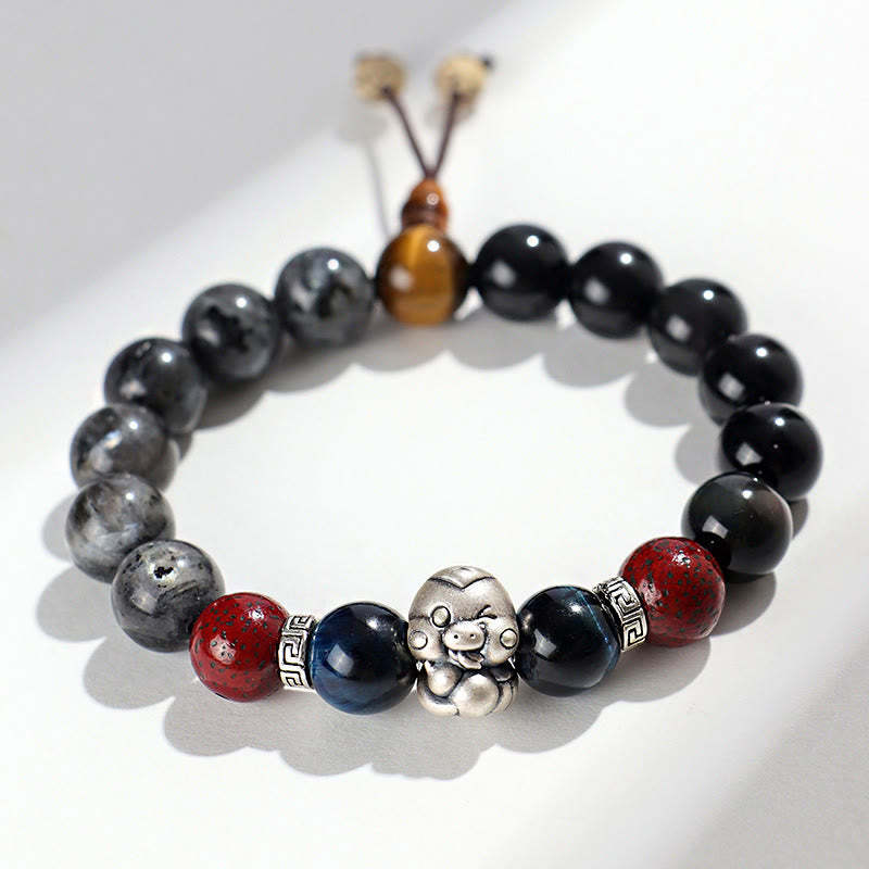 Black Glitter Stone Black Onyx 999 Sterling Silver Fu Character Copper Coin Year Of Snake Protection Bracelet