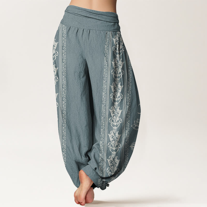 Lotus Flowers Double Dorje Vajra Namaste Om Design Women's Elastic Waist Harem Pants