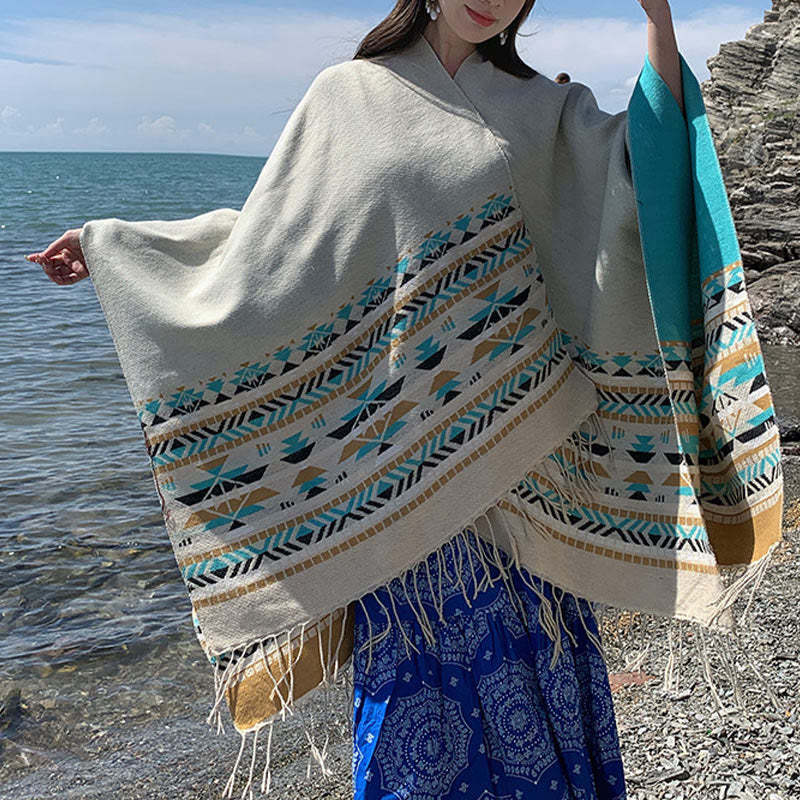Tibetan Geometric Rhombus Pattern Tassels Shawl Fall Winter Warm Cozy Scarf Wrap