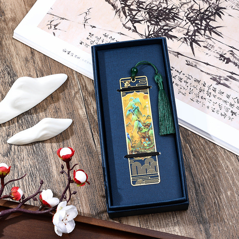 A Panorama of Rivers and Mountains Metal Hollow Bookmarks Tassel With Gift Box
