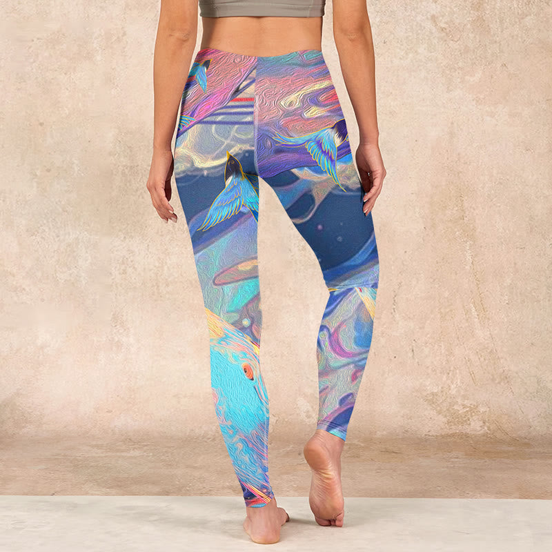Whales Swallows Waves Print Gym Leggings Women's Yoga Pants